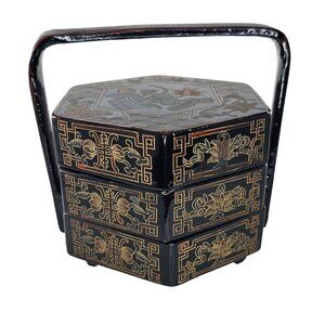 Vintage Lacquered Hexagonal Lunch Box Handle Intricate Gold Detailing Yi Lin Art